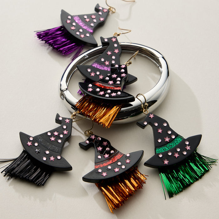 Resin Witch Hat Drop Earrings with Glitter Fringe