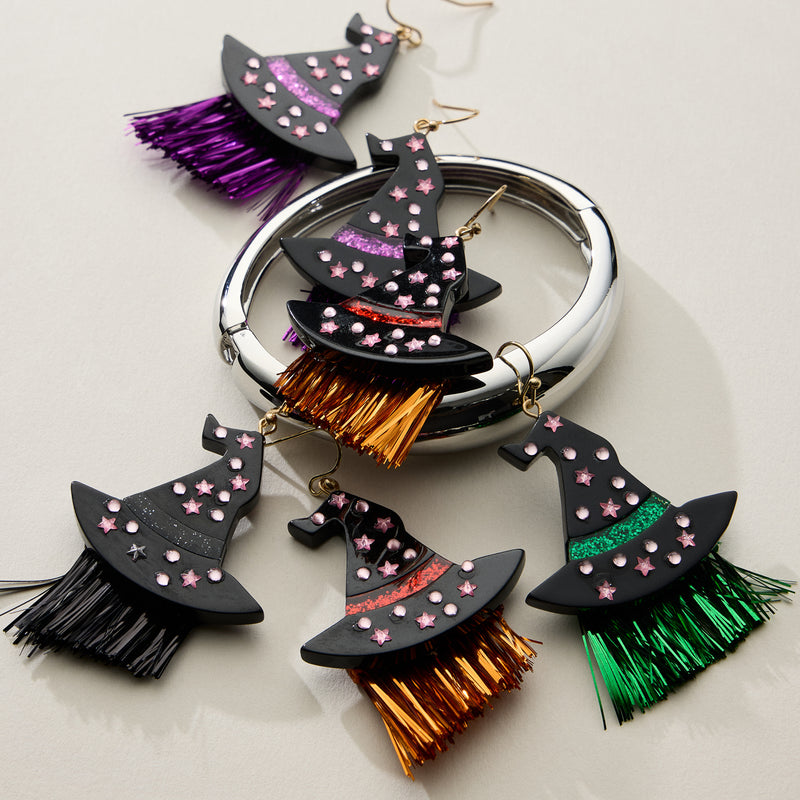 Resin Witch Hat Drop Earrings with Glitter Fringe