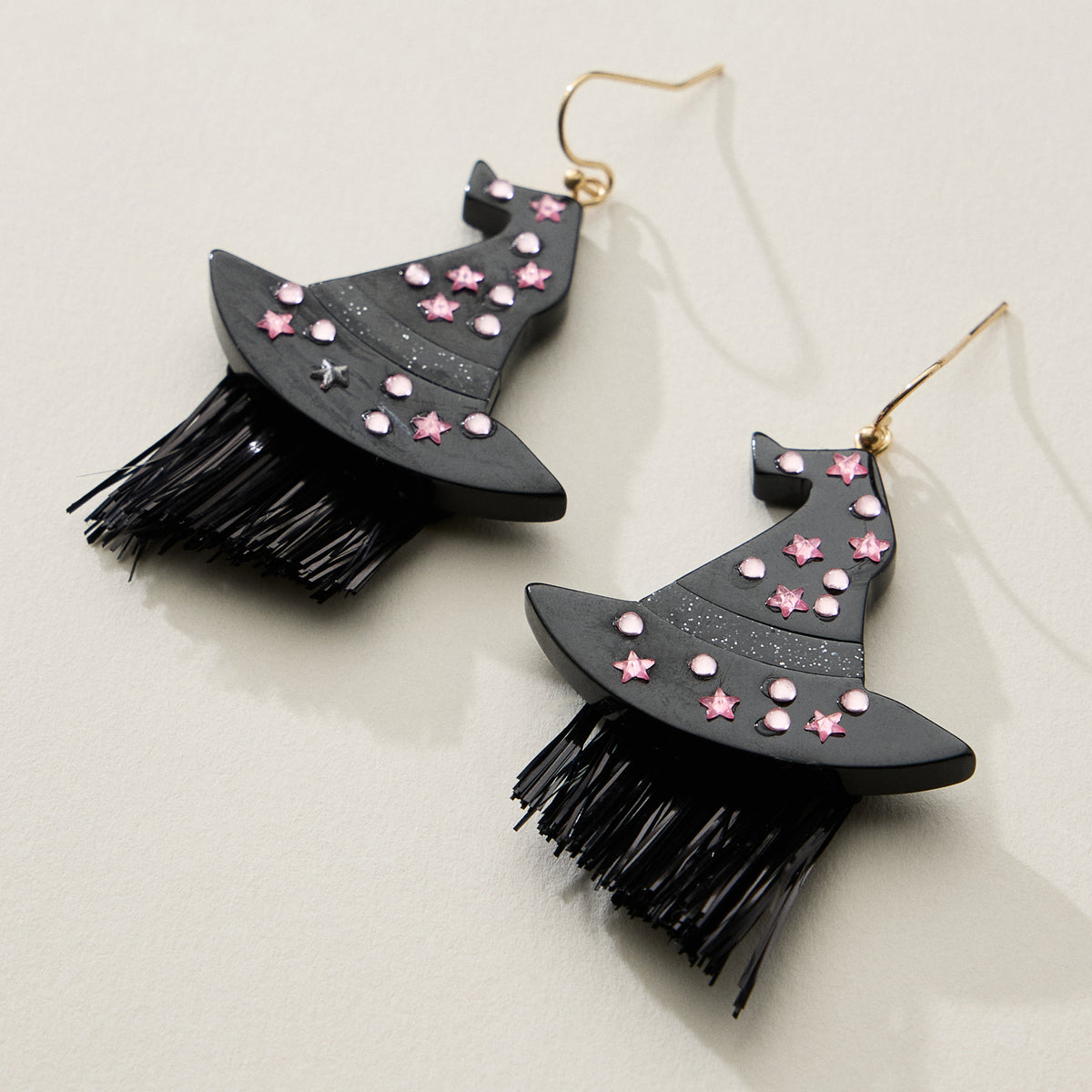 Resin Witch Hat Drop Earrings with Glitter Fringe