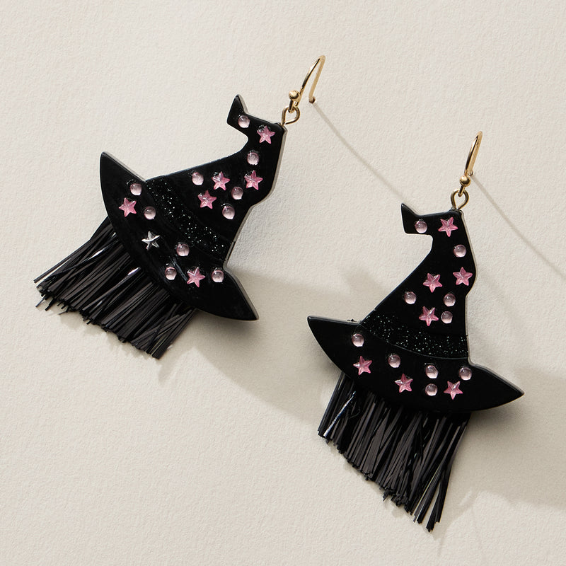 Resin Witch Hat Drop Earrings with Glitter Fringe