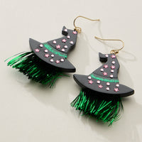 Resin Witch Hat Drop Earrings with Glitter Fringe