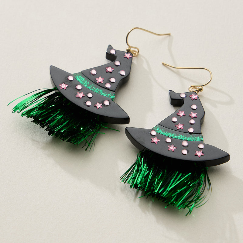 Resin Witch Hat Drop Earrings with Glitter Fringe