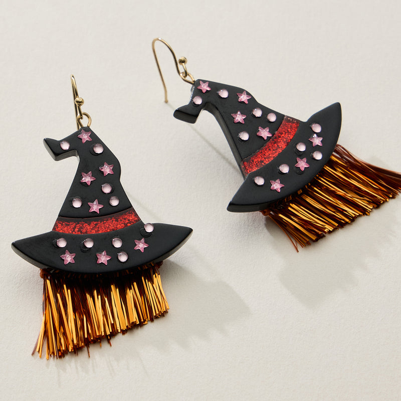 Resin Witch Hat Drop Earrings with Glitter Fringe