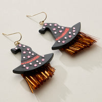 Resin Witch Hat Drop Earrings with Glitter Fringe