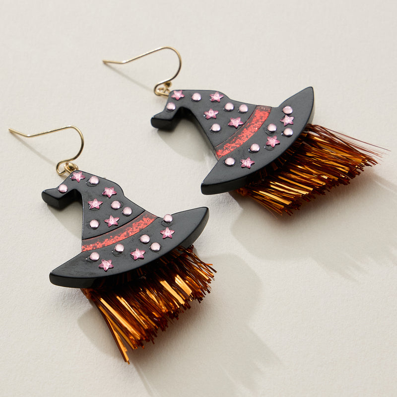 Resin Witch Hat Drop Earrings with Glitter Fringe