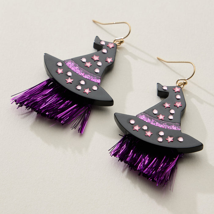 Resin Witch Hat Drop Earrings with Glitter Fringe