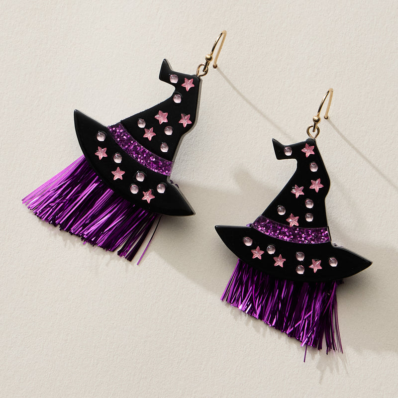 Resin Witch Hat Drop Earrings with Glitter Fringe