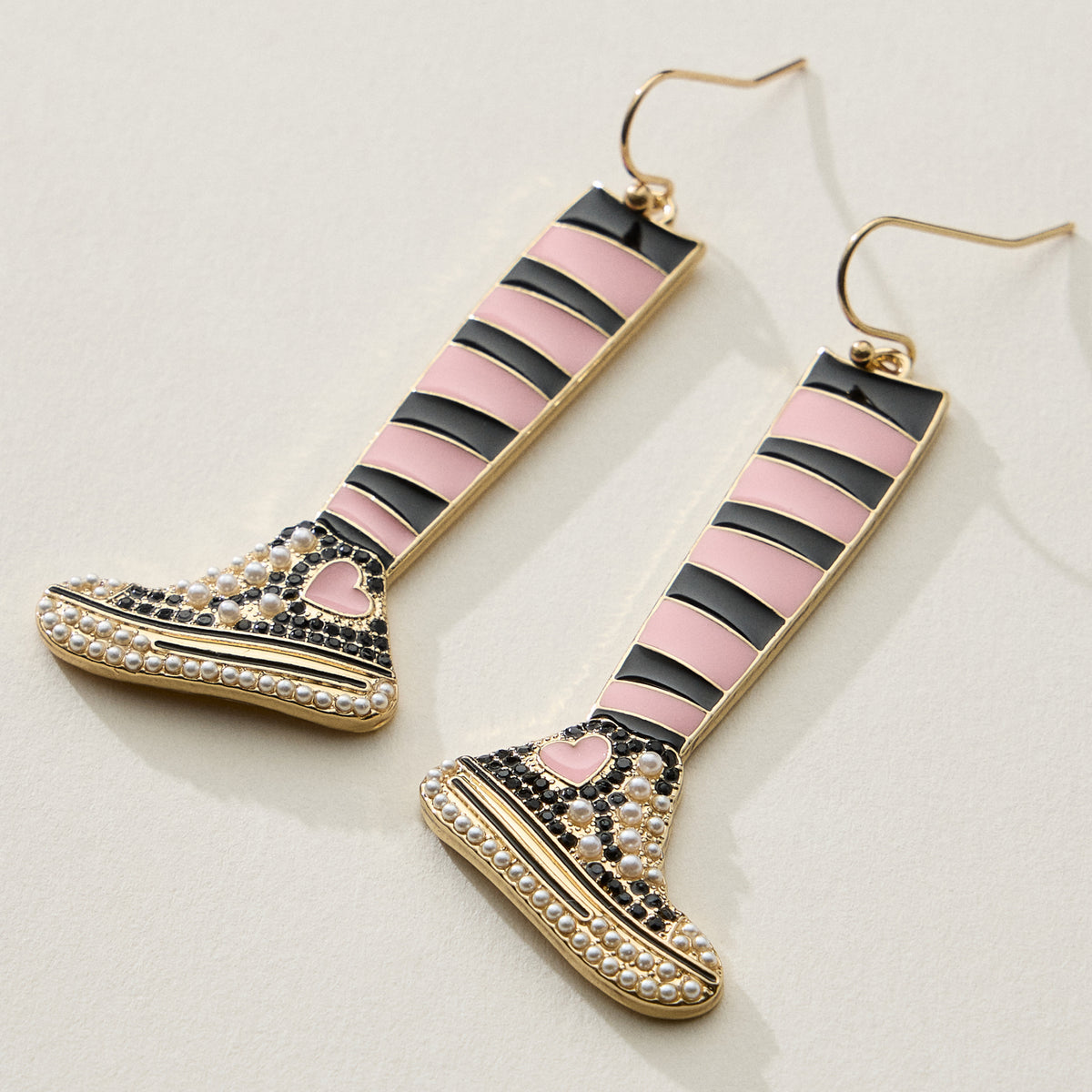 Striped Sneaker Enamel Drop Earrings with Pearl Detail