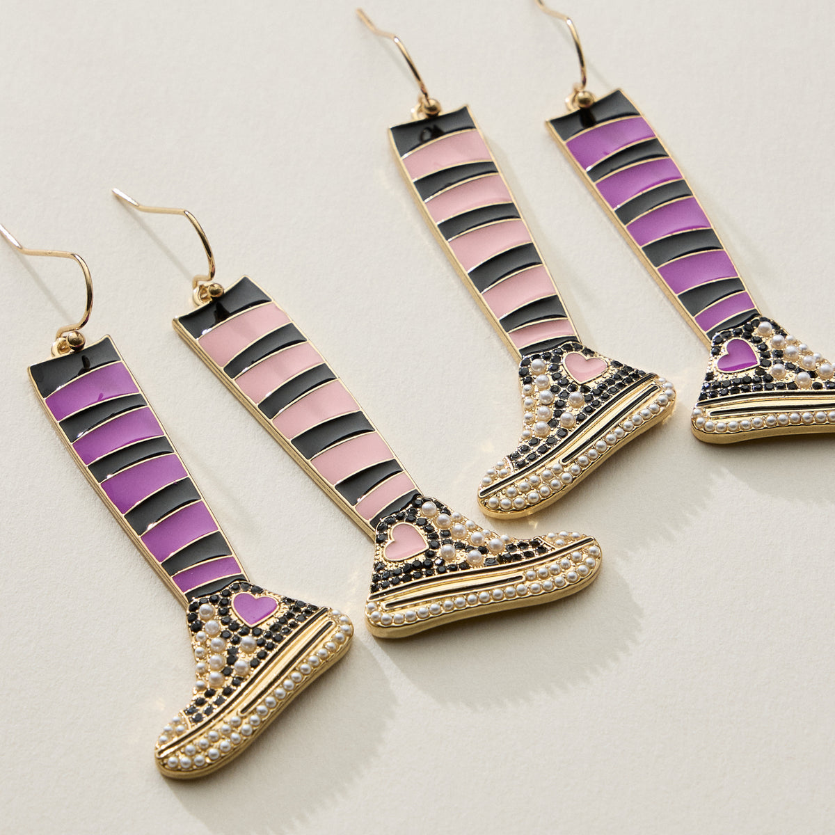 Striped Sneaker Enamel Drop Earrings with Pearl Detail