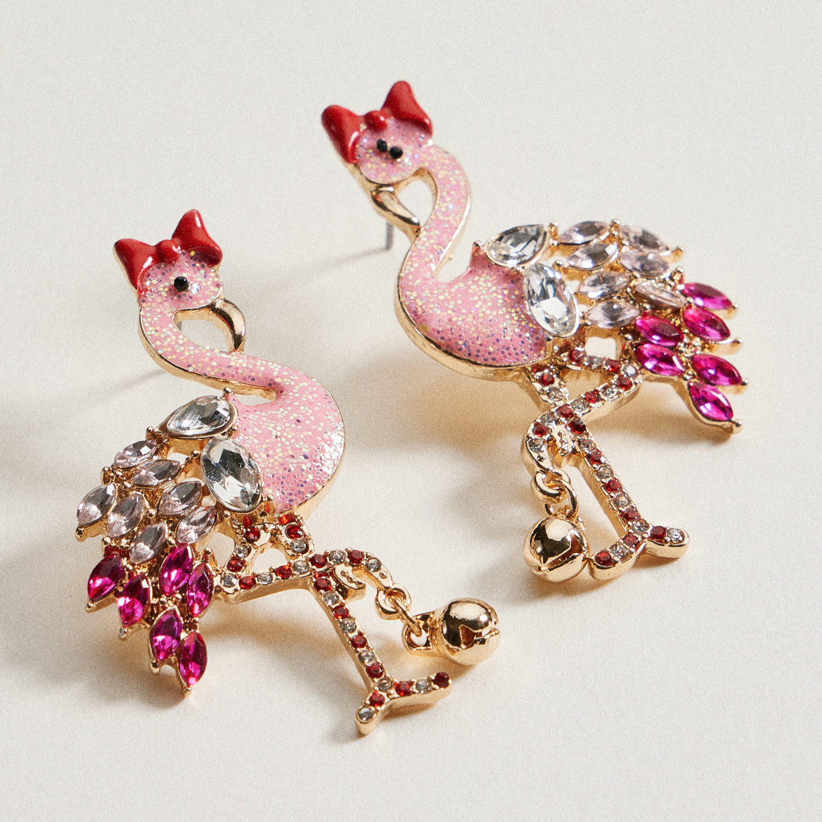 Rhinestone Flamingo Bell Drop Earrings | Tropical Statement Charm