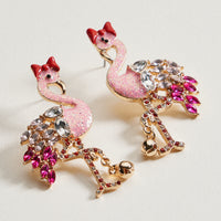 Rhinestone Flamingo Bell Drop Earrings | Tropical Statement Charm