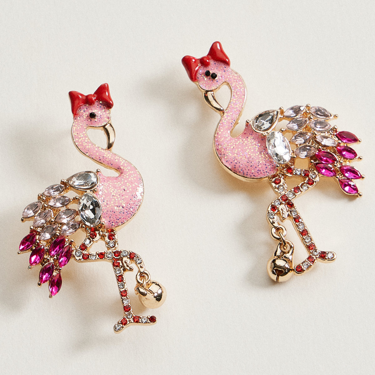 Rhinestone Flamingo Bell Drop Earrings | Tropical Statement Charm