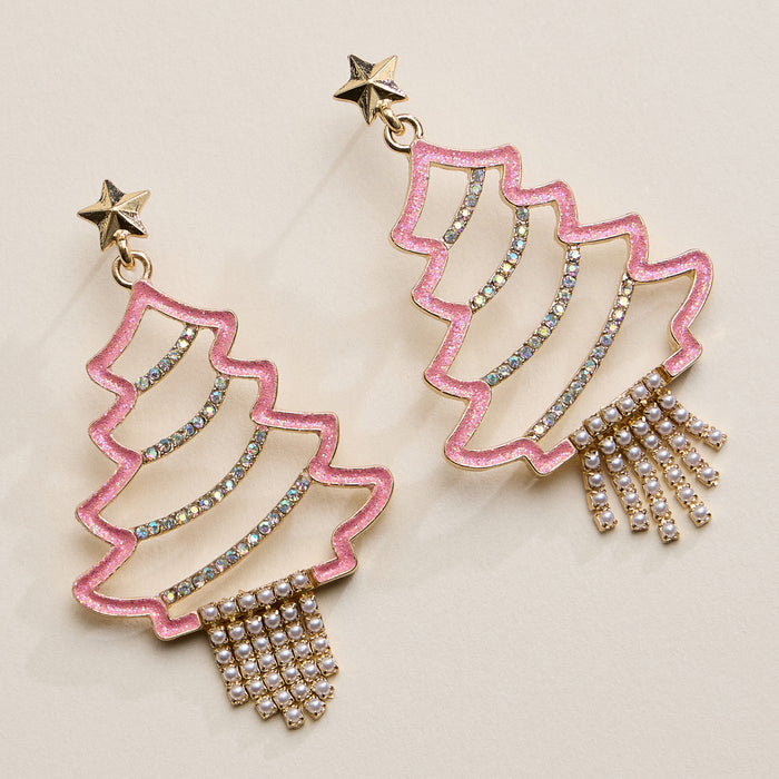 Rhinestone Christmas Tree Drop Earrings | Holiday Statement Design