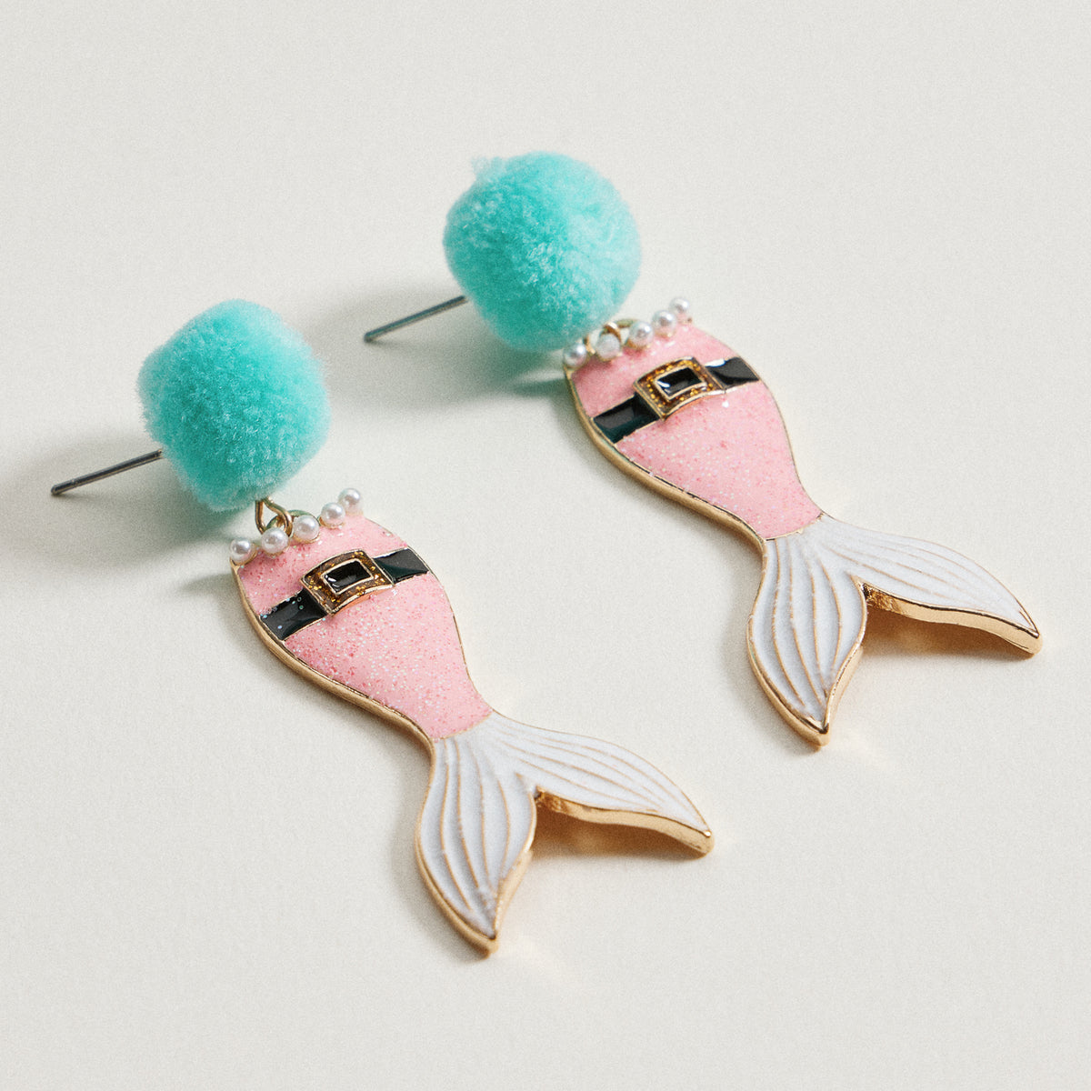 Glitter Santa Mermaid Dangle Earrings | Pom Pom Holiday Earrings