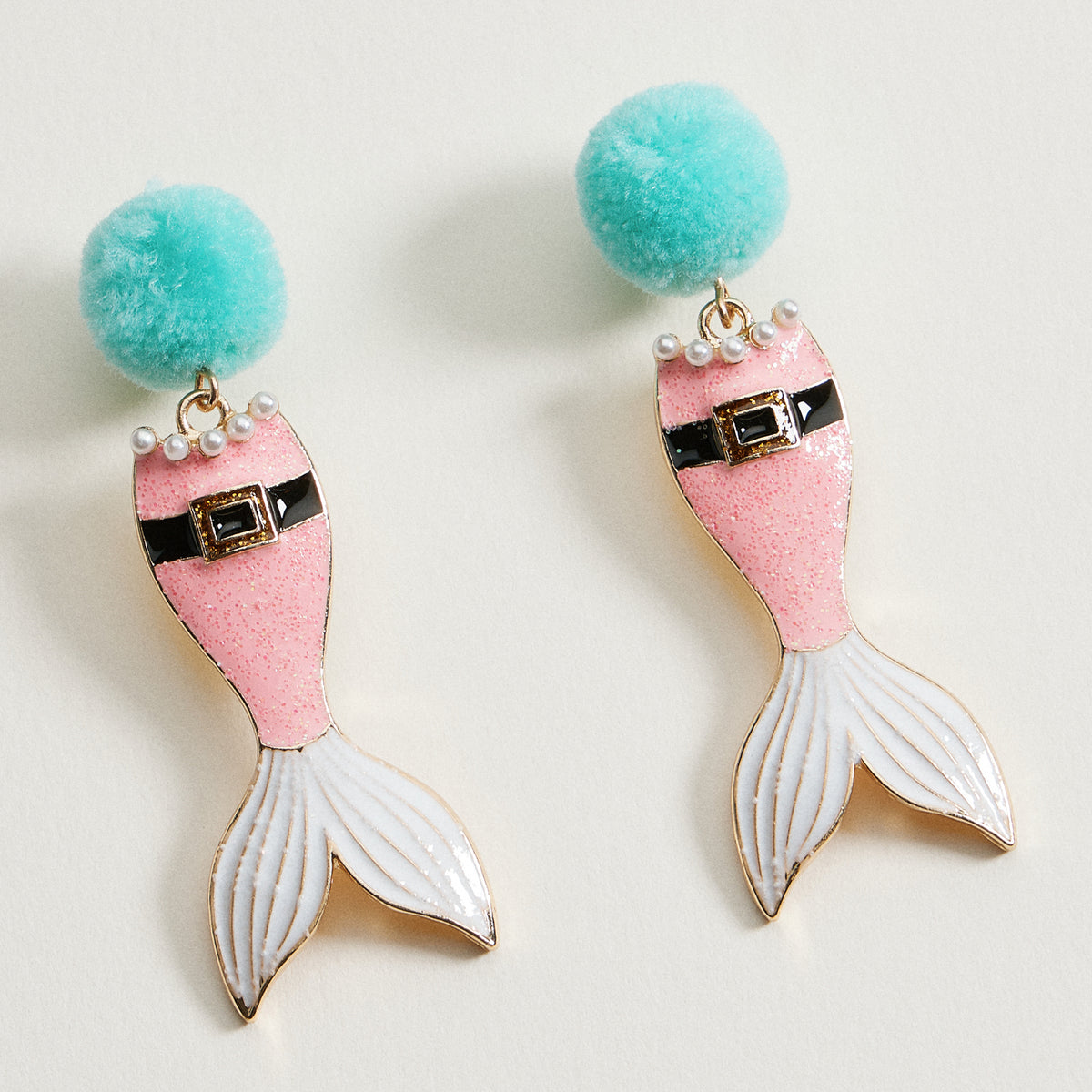 Glitter Santa Mermaid Dangle Earrings | Pom Pom Holiday Earrings