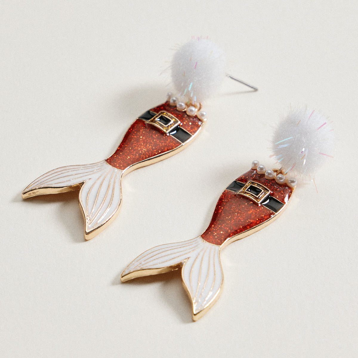 Glitter Santa Mermaid Dangle Earrings | Pom Pom Holiday Earrings
