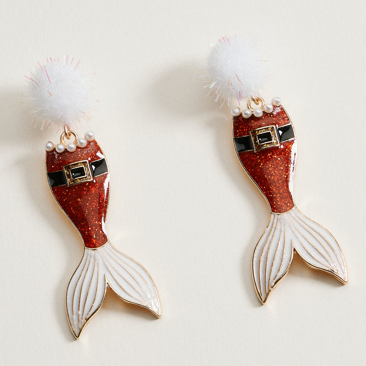 Glitter Santa Mermaid Dangle Earrings | Pom Pom Holiday Earrings