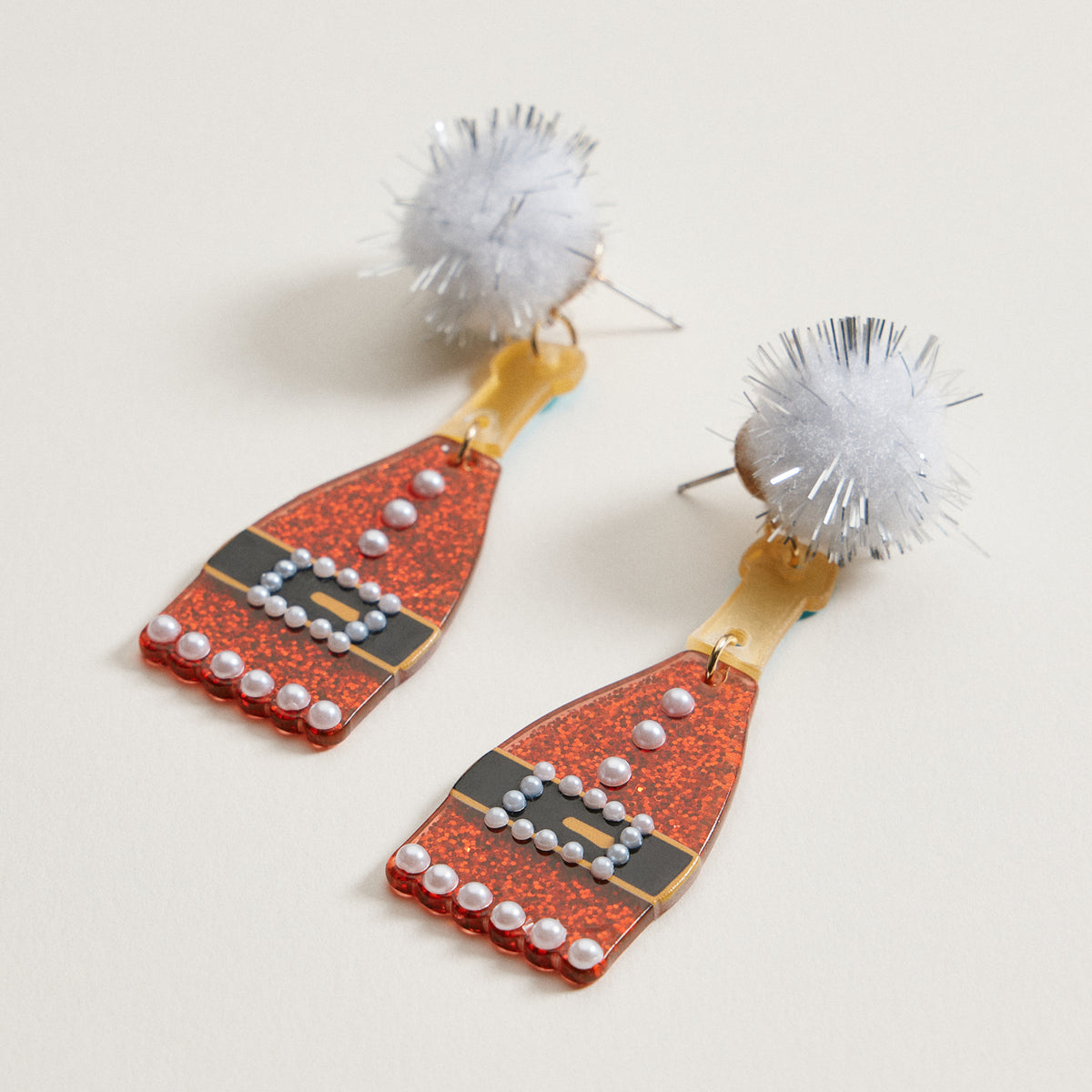 Glitter Santa Coat Dangle Earrings | Pom Pom Holiday Earrings