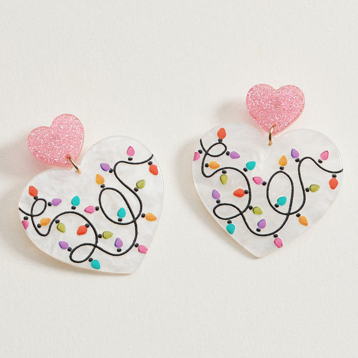 Heart Christmas Lights Dangle Earrings | Glitter Acetate Earrings
