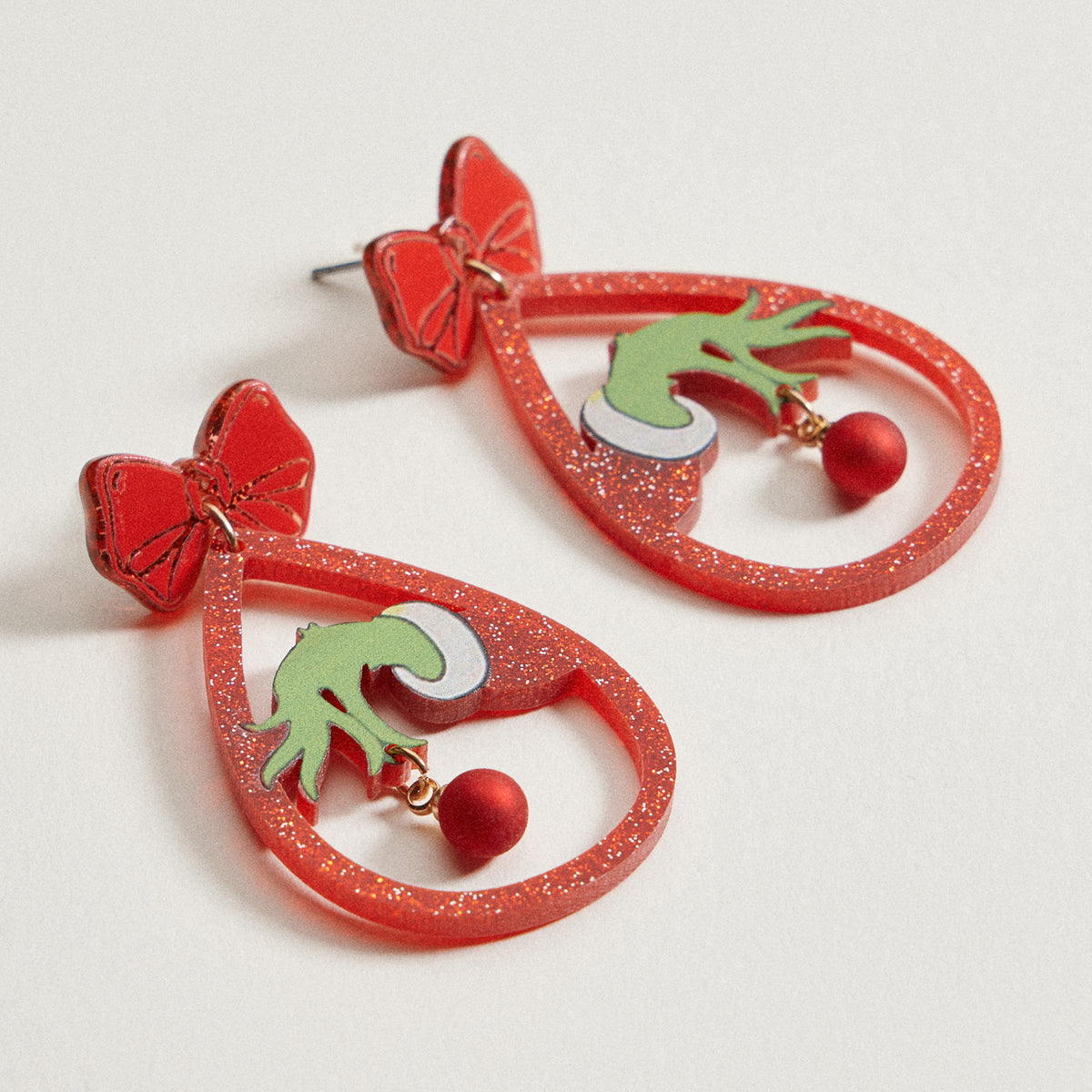 Green Monster Hand Dangle Earrings | Christmas Bow Acetate Earrings