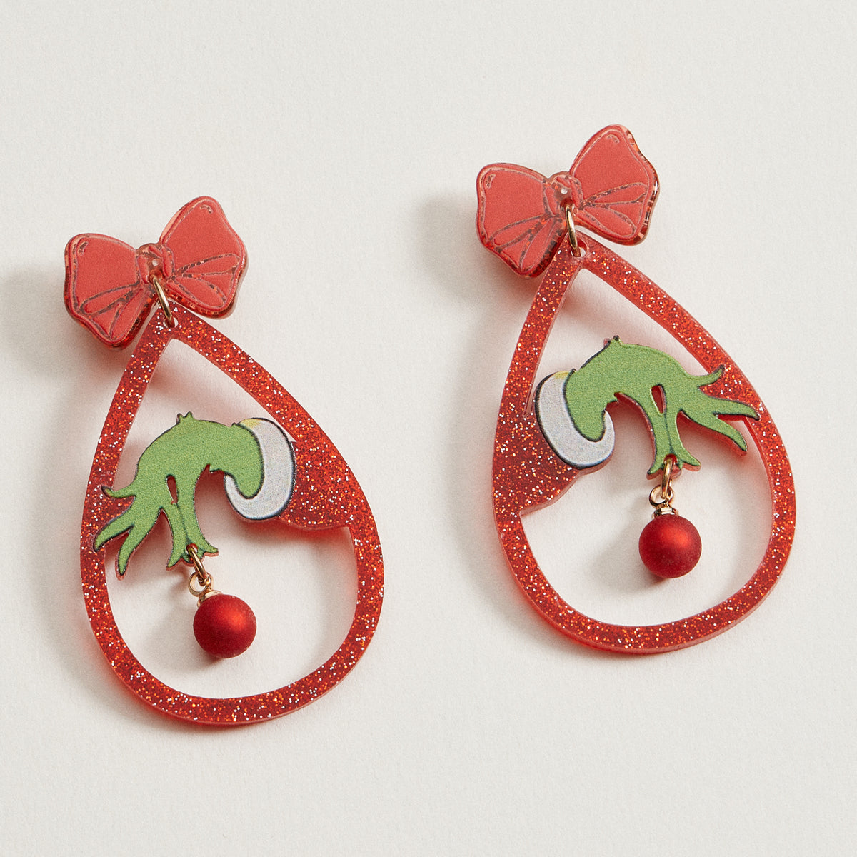 Green Monster Hand Dangle Earrings | Christmas Bow Acetate Earrings