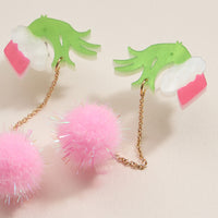 Christmas Green Monster Hand & Pom-Pom Dangling Earrings
