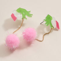 Christmas Green Monster Hand & Pom-Pom Dangling Earrings