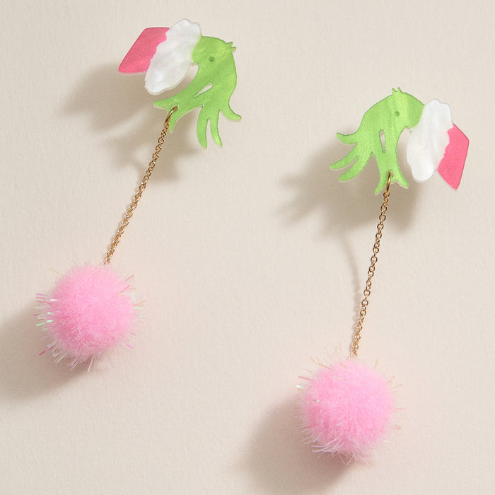Christmas Green Monster Hand & Pom-Pom Dangling Earrings