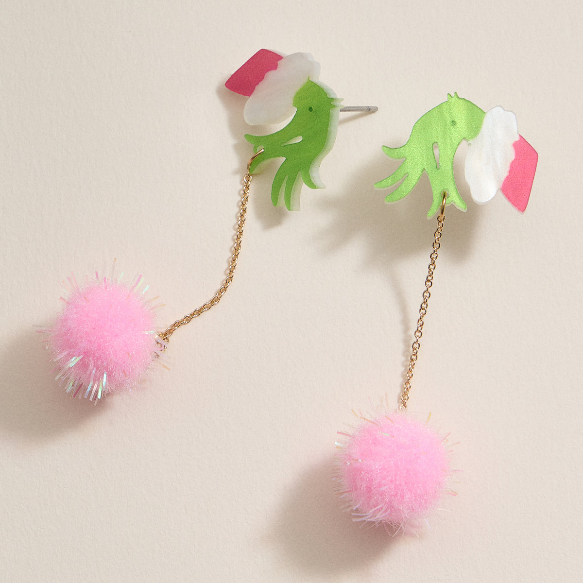 Christmas Green Monster Hand & Pom-Pom Dangling Earrings