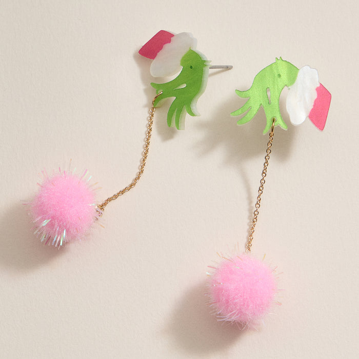 Christmas Green Monster Hand & Pom-Pom Dangling Earrings