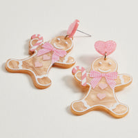 Acrylic Pink Gingerbread Cookie Drop Earrings | Candy Cane Holiday Dangles