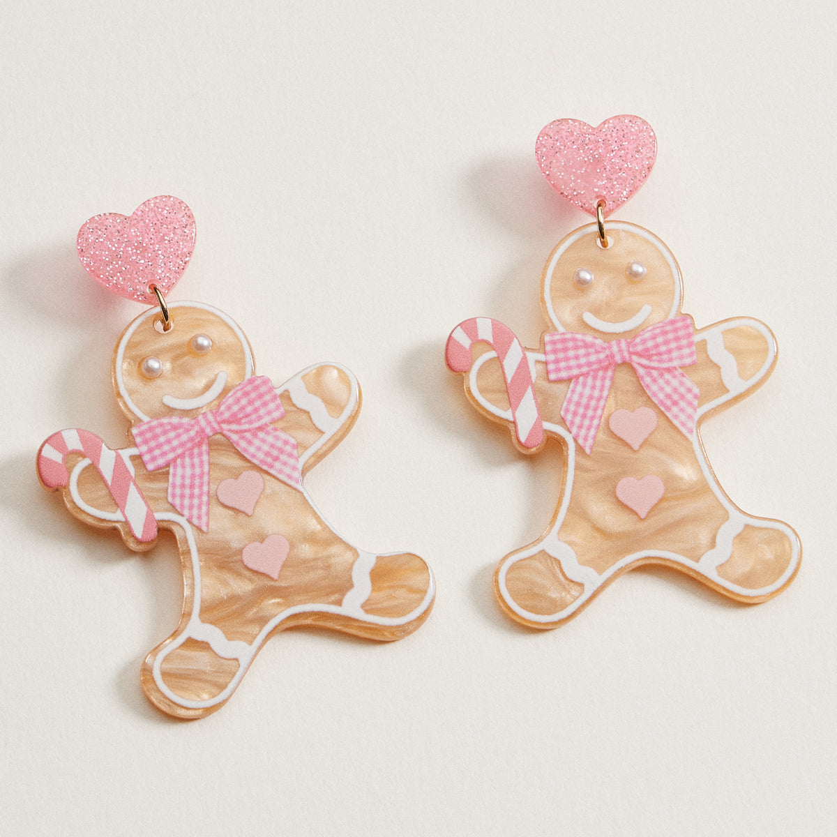 Acrylic Pink Gingerbread Cookie Drop Earrings | Candy Cane Holiday Dangles