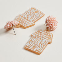 Pink Bead Gingerbread House Earrings | Acrylic Christmas Dangles