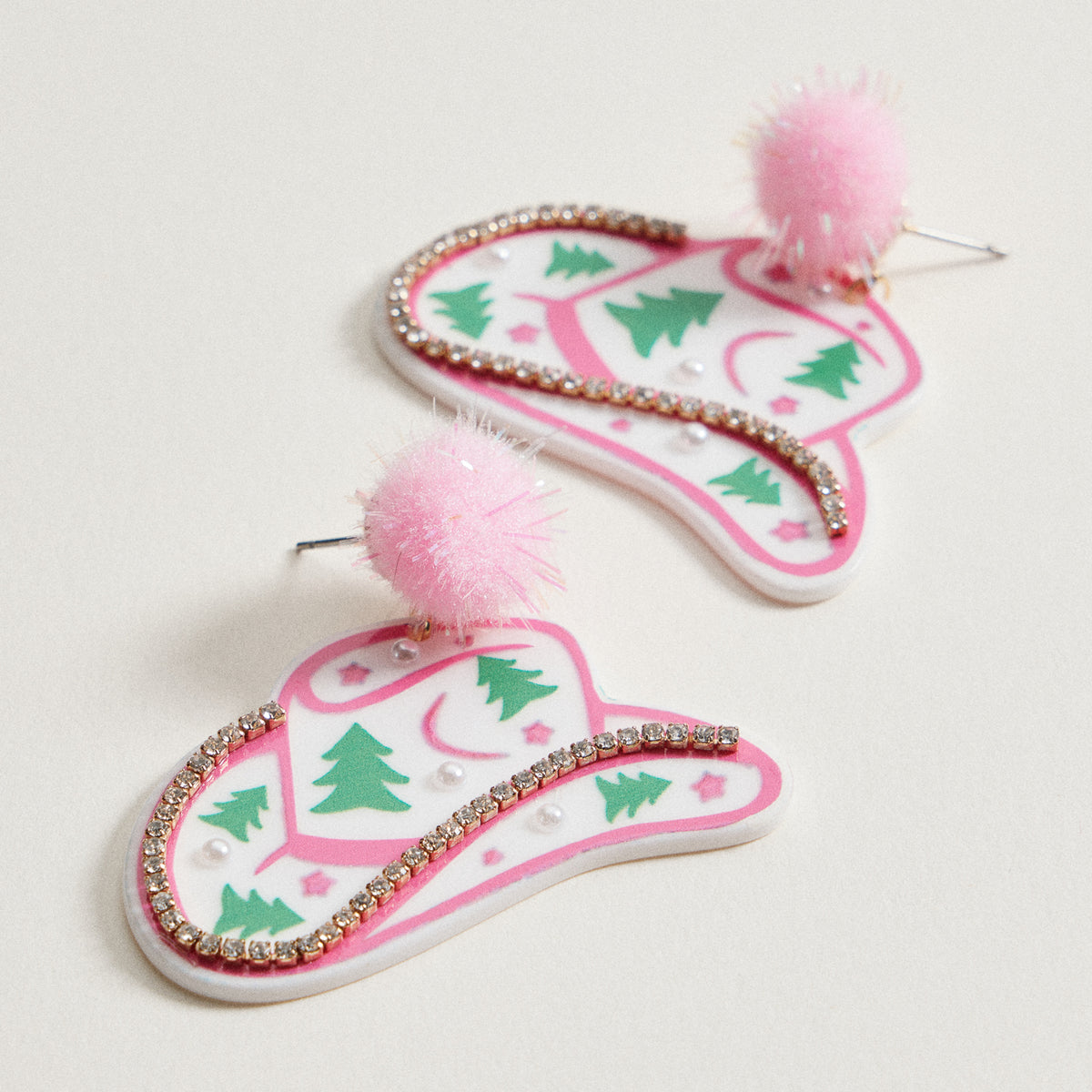 Christmas Pom Pom Cowboy Hat Holiday | Drop Earrings