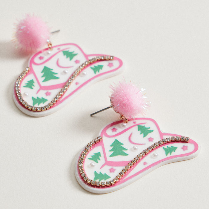 Christmas Pom Pom Cowboy Hat Holiday | Drop Earrings