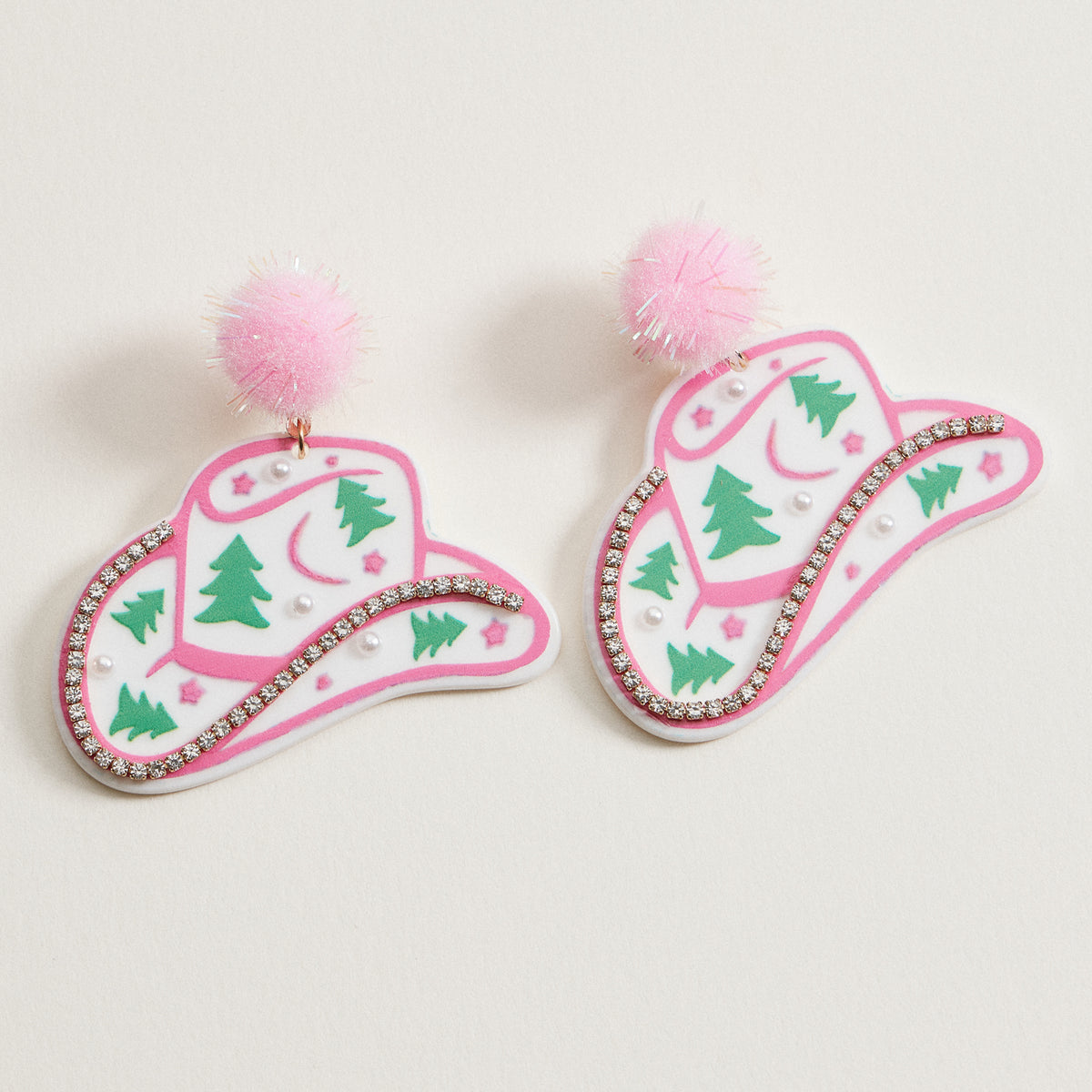 Christmas Pom Pom Cowboy Hat Holiday | Drop Earrings