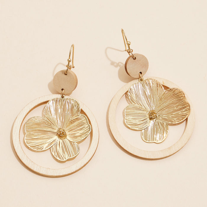 Wooden Hoop Earrings with Metallic Floral Charm