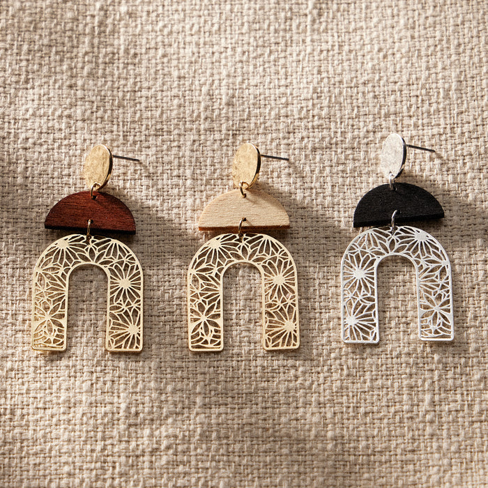 Wood and Metal Arch Drop Earrings with Floral Cutout Design