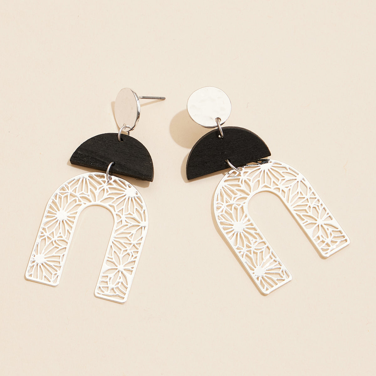 Wood and Metal Arch Drop Earrings with Floral Cutout Design