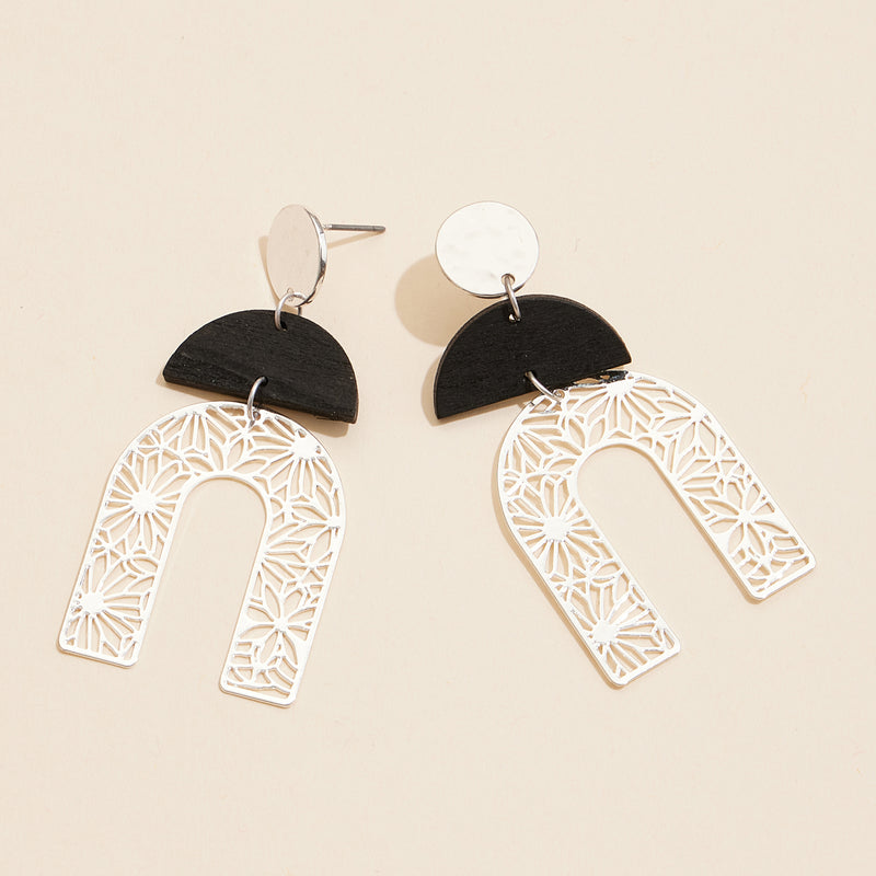 Wood and Metal Arch Drop Earrings with Floral Cutout Design