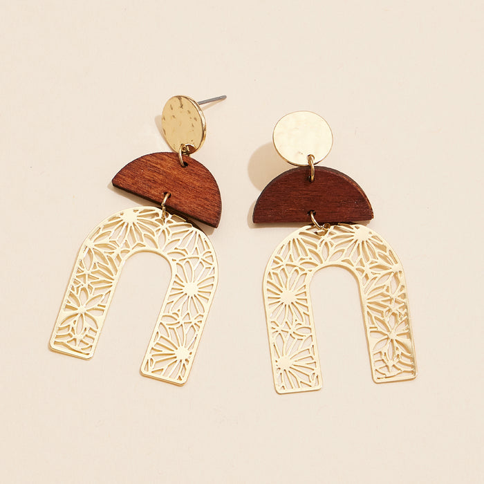 Wood and Metal Arch Drop Earrings with Floral Cutout Design