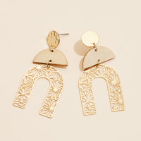 Wood and Metal Arch Drop Earrings with Floral Cutout Design