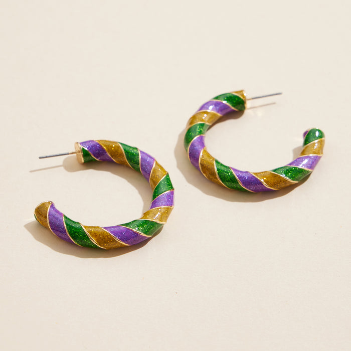 Large Mardi Gras Glitter Swirl Hoop Earrings