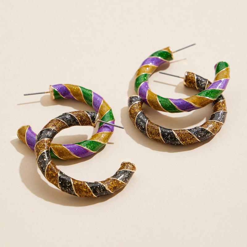 Large Mardi Gras Glitter Swirl Hoop Earrings