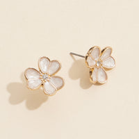 Delicate Flower Stud Earrings with Pearl Inlay and Rhinestone Center