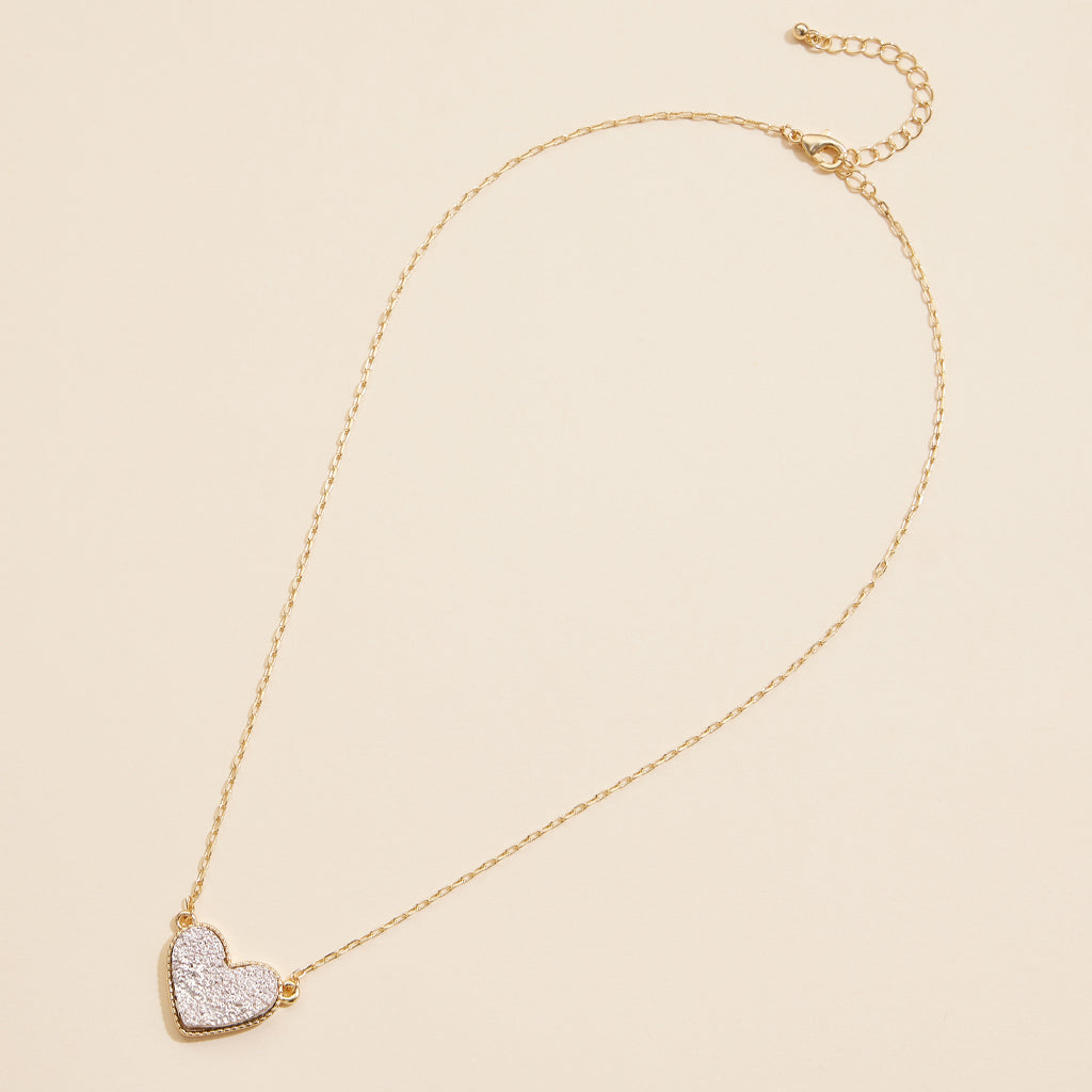 Heart Druzy Stone Charm Short Necklace