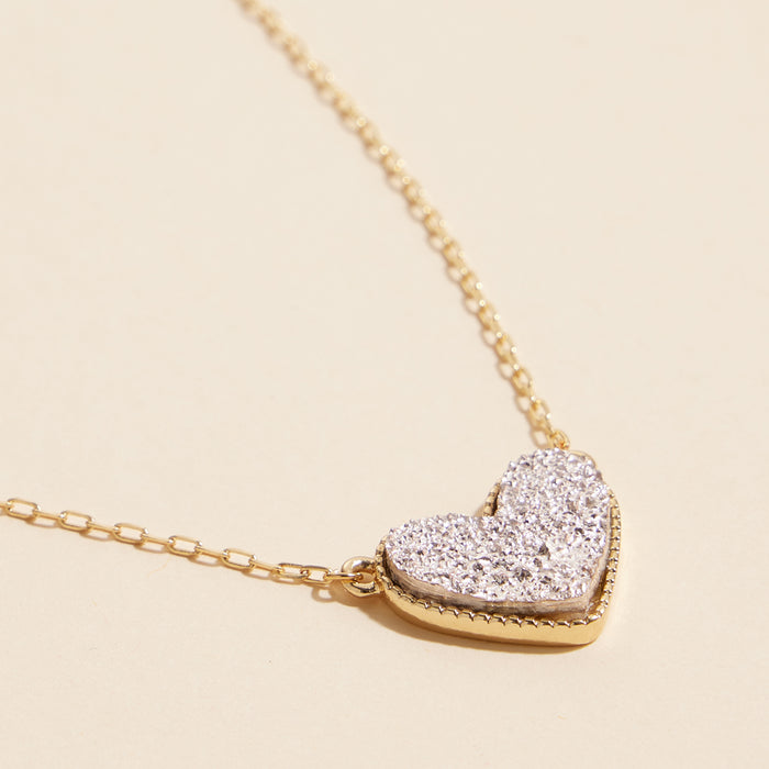 Heart-Shaped Druzy Stone Charm Short Necklace