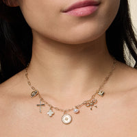 Charm Necklace with Heart, Cross, Compass Pearl, and Bow Pendants