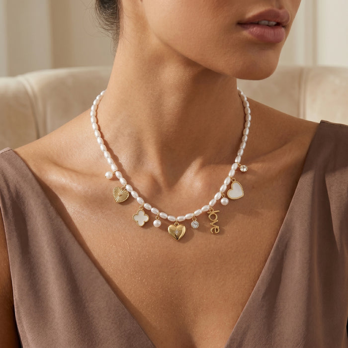 LOVE and Clover Charm Pearl Necklace | Multi Charm Beaded Necklace