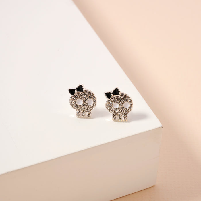 Halloween Skull with Bow Rhinestones Stud Earrings
